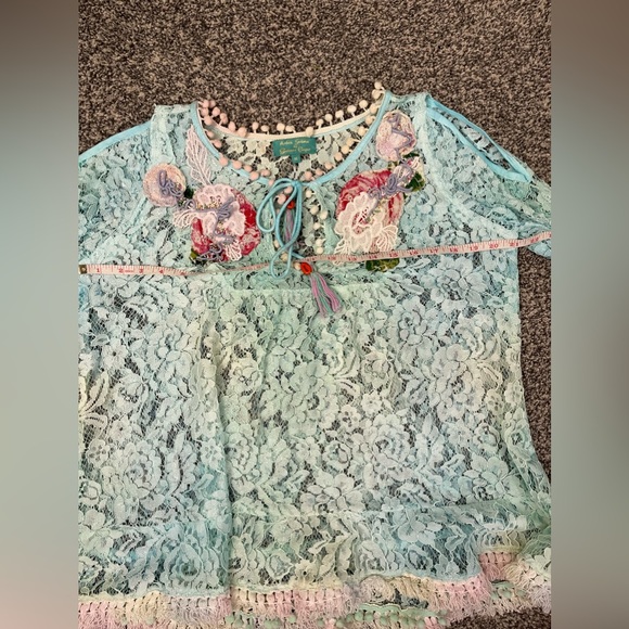 Antica Sartoria by giacomo cinque Aqua Lace Boho Embroidered Coachella Blouse M - Picture 7 of 8